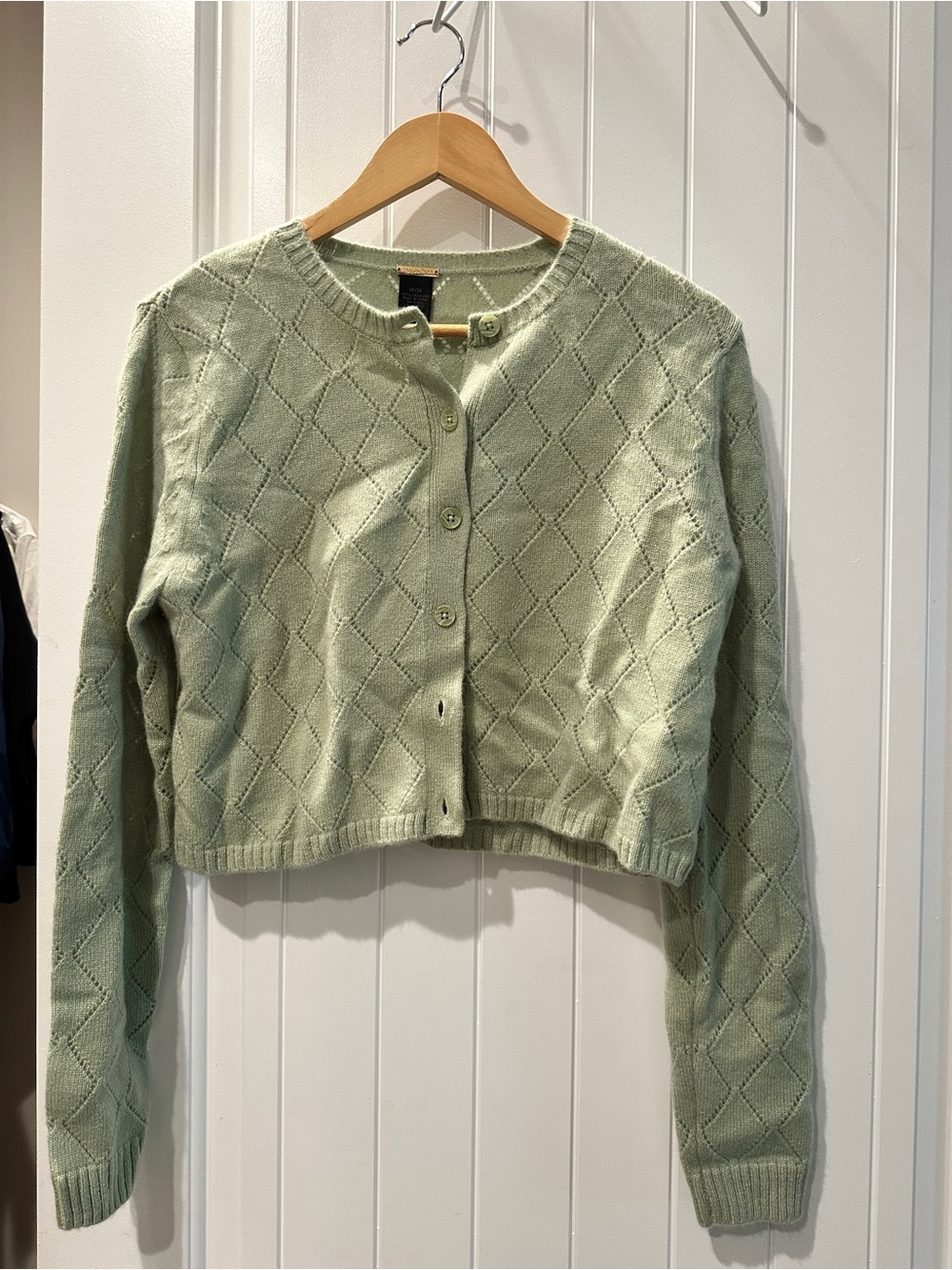 Magaschoni Sage Green Diamond-Knit Cropped Cardigan 100% Cashmere